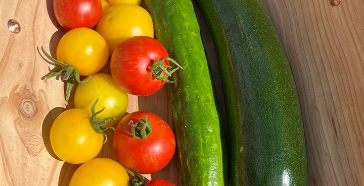 Image of tomatoes a courgette and a cucumber